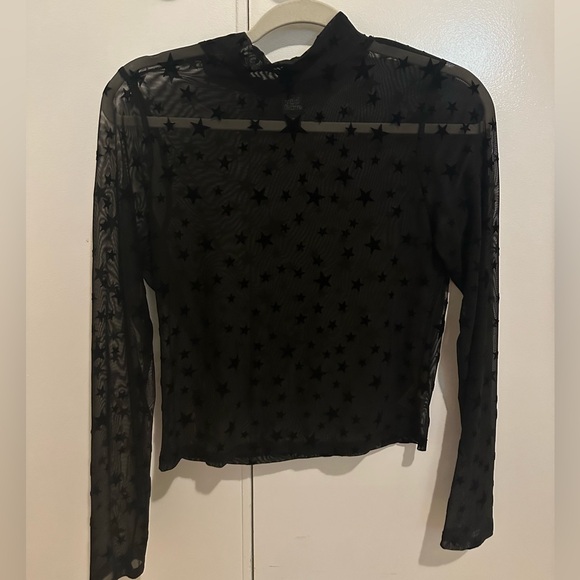 BLACK STAR MESH LONG SLEEVE HIGH NECK TOP - Picture 1 of 4